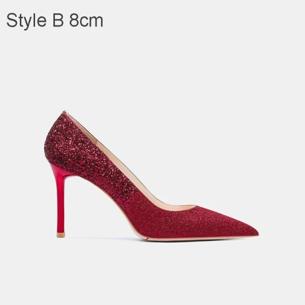 Charmant Rouge Mariage Cuir Paillettes Chaussure De Mariée 2021 10 cm Talons Aiguilles À Bout Pointu Escarpins