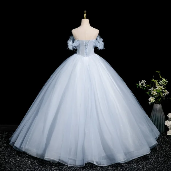 Chic / Beautiful Sky Blue Beading Sequins Appliques Prom Dresses 2025 Ball Gown Off-The-Shoulder Short Sleeve Backless Floor-Length / Long Formal Dresses