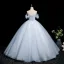 Chic / Beautiful Sky Blue Beading Sequins Appliques Prom Dresses 2025 Ball Gown Off-The-Shoulder Short Sleeve Backless Floor-Length / Long Formal Dresses