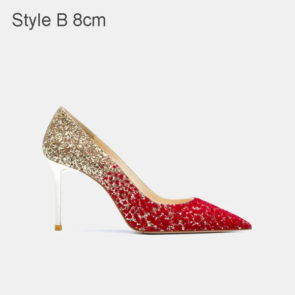 Sparkly Chic / Beautiful Gold Red Sequins Wedding Shoes 2021 Leather 10 cm Stiletto Heels Pointed Toe Wedding Pumps