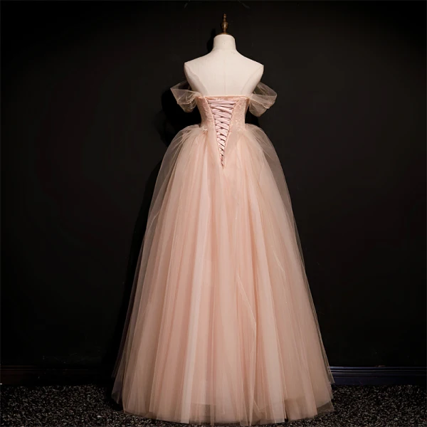 Chic / Beautiful Blushing Pink Prom Dresses 2021 A-Line / Princess Off-The-Shoulder Sleeveless Backless Beading Floor-Length / Long Prom Formal Dresses