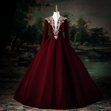 Élégant Bordeaux Perlage Paillettes Velours Robe De Bal 2025 Robe Boule V Cou Manches Longues Longue Promo Robe De Ceremonie