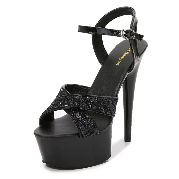 Sexy Noire Club de carnaval Paillettes Sandales Femme 2021 Bride Cheville 15 cm Talons Aiguilles Peep Toes / Bout Ouvert Sandales Talons Hauts