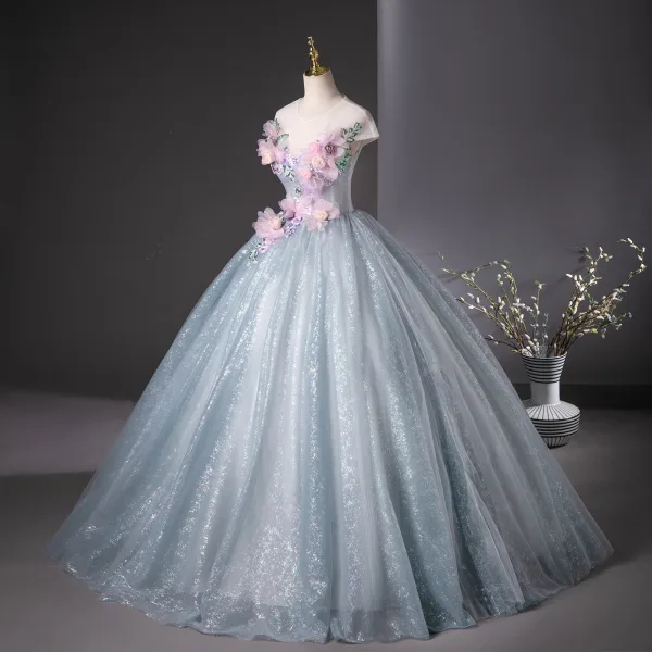 Elegant Sky Blue Sequins Appliques Prom Dresses 2025 Ball Gown Scoop Neck Short Sleeve Floor-Length / Long Prom Formal Dresses