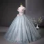Elegant Sky Blue Sequins Appliques Prom Dresses 2025 Ball Gown Scoop Neck Short Sleeve Floor-Length / Long Prom Formal Dresses