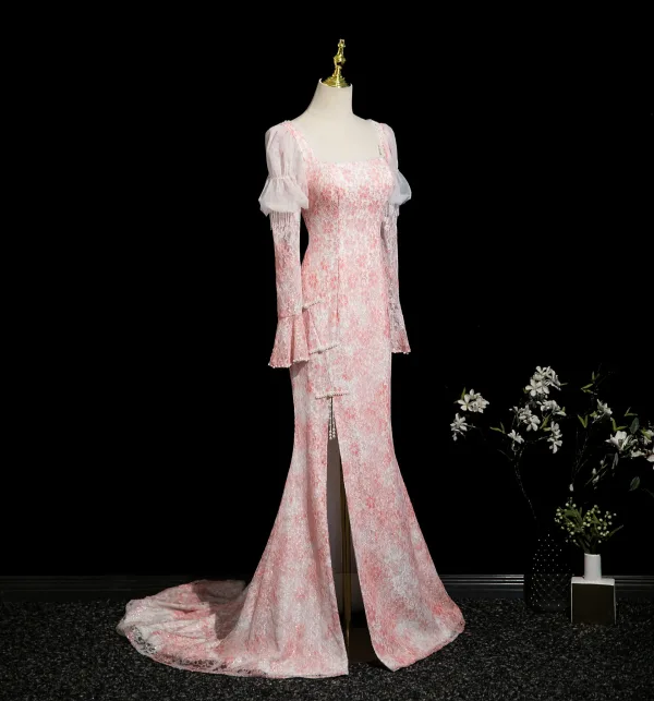 Chic / Beautiful Blushing Pink Beading Lace Flower Split Front Prom Dresses 2025 Trumpet / Mermaid Square Neckline Long Sleeve Backless Sweep Train Formal Dresses