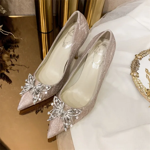 Uroczy Szary Cekinami Cekiny Rhinestone Motyl Buty Ślubne 2021 10 cm Szpilki Szpiczaste Ślub Czółenka