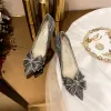 Sjarmerende Sølv Rhinestone Sløyfe Brudesko 2021 Lær 10 cm Stiletthæler Spisse Bryllup Pumps