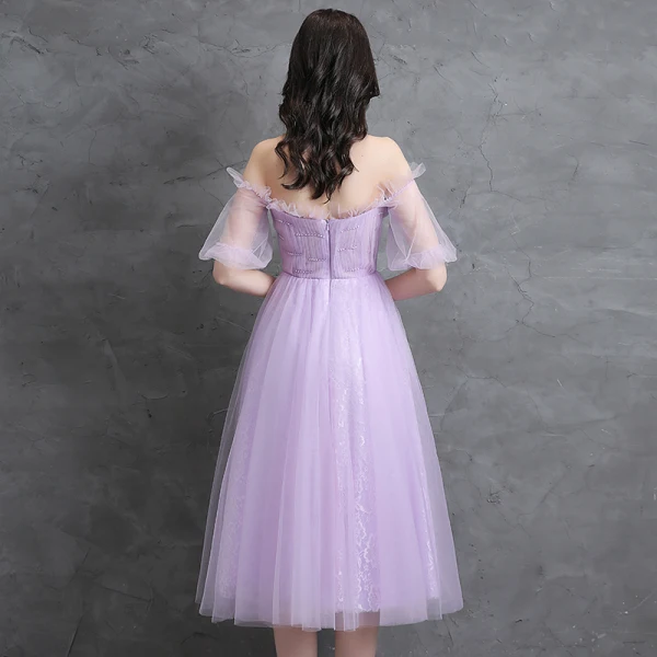 Modest / Simple Lavender Homecoming Graduation Dresses 2021 A-Line / Princess Off-The-Shoulder Pearl Short Sleeve Backless Tea-length Formal Dresses