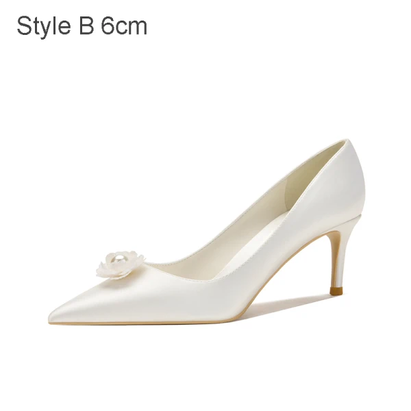 Élégant Ivoire Satin Chaussure De Mariée 2021 Perle Fleur 8 cm Talons Aiguilles À Bout Pointu Mariage Escarpins