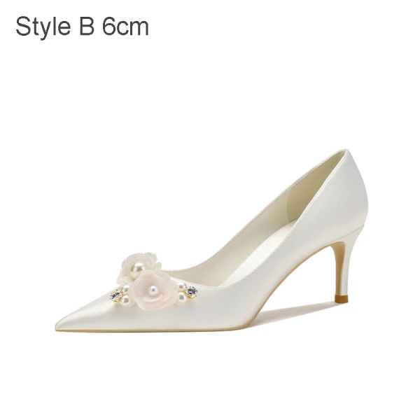 Elegant Satin Ivory Pearl Rhinestone Wedding Shoes 2021 8 cm Stiletto Heels Pointed Toe Wedding Pumps
