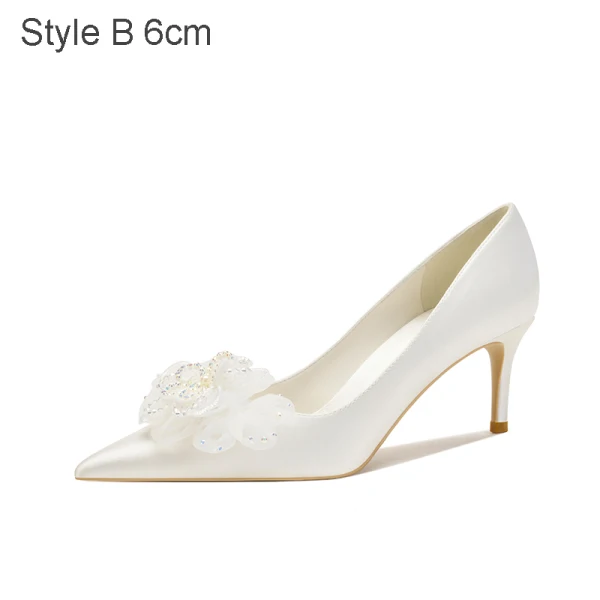 Chic Ivoire Satin Chaussure De Mariée 2021 Fleur 8 cm Talons Aiguilles À Bout Pointu Mariage Escarpins