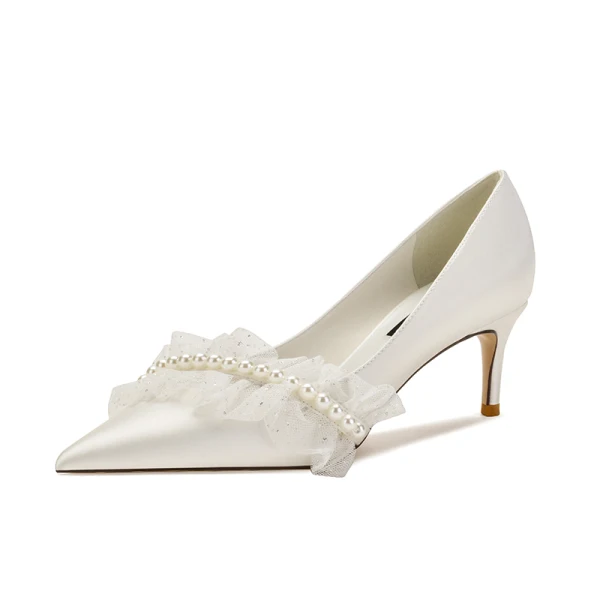 Chic / Beautiful Ivory Satin Pearl Wedding Shoes 2021 6 cm Stiletto Heels Pointed Toe Wedding Pumps