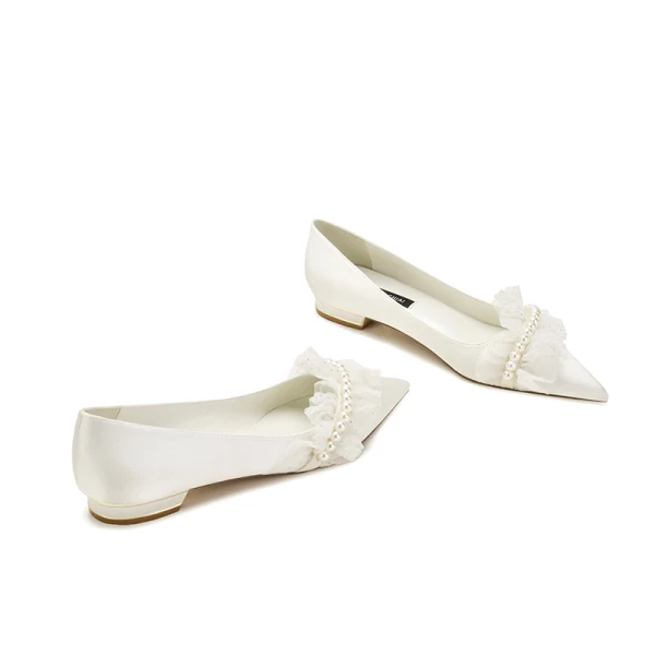 Stilig Elfenben Perle Satin Flate Brudesko 2021 Spisse Bryllup Pumps