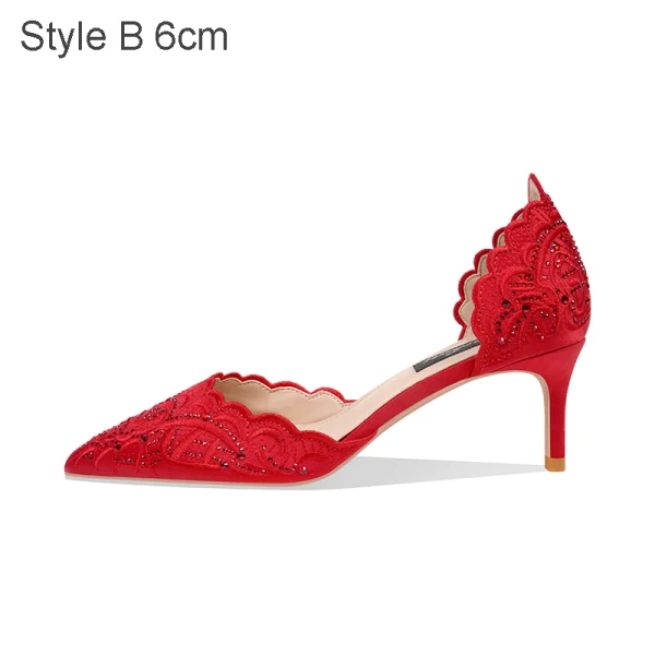Chinese style Red Satin Rhinestone Wedding Shoes 2021 8 cm Stiletto Heels Pointed Toe Wedding Heels