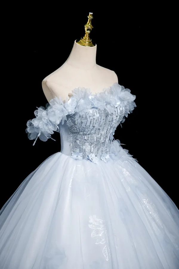 Chic / Beautiful Sky Blue Beading Sequins Appliques Prom Dresses 2025 Ball Gown Off-The-Shoulder Short Sleeve Backless Floor-Length / Long Formal Dresses