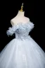 Chic / Beautiful Sky Blue Beading Sequins Appliques Prom Dresses 2025 Ball Gown Off-The-Shoulder Short Sleeve Backless Floor-Length / Long Formal Dresses