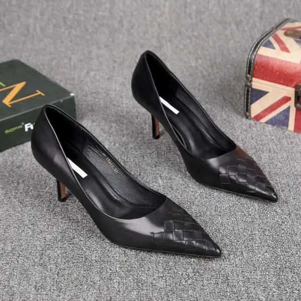 Modest / Simple Black Office OL Braid Pumps 2021 Leather 6 cm Stiletto Heels Pointed Toe Pumps