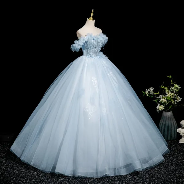 Chic / Beautiful Sky Blue Beading Sequins Appliques Prom Dresses 2025 Ball Gown Off-The-Shoulder Short Sleeve Backless Floor-Length / Long Formal Dresses
