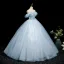 Chic / Beautiful Sky Blue Beading Sequins Appliques Prom Dresses 2025 Ball Gown Off-The-Shoulder Short Sleeve Backless Floor-Length / Long Formal Dresses
