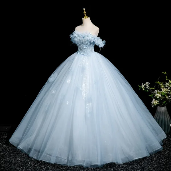 Chic / Beautiful Sky Blue Beading Sequins Appliques Prom Dresses 2025 Ball Gown Off-The-Shoulder Short Sleeve Backless Floor-Length / Long Formal Dresses