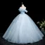 Chic / Beautiful Sky Blue Beading Sequins Appliques Prom Dresses 2025 Ball Gown Off-The-Shoulder Short Sleeve Backless Floor-Length / Long Formal Dresses