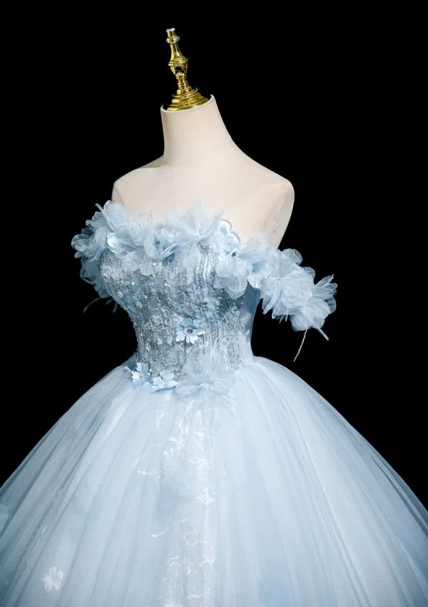 Chic / Beautiful Sky Blue Beading Sequins Appliques Prom Dresses 2025 Ball Gown Off-The-Shoulder Short Sleeve Backless Floor-Length / Long Formal Dresses