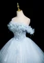 Chic / Beautiful Sky Blue Beading Sequins Appliques Prom Dresses 2025 Ball Gown Off-The-Shoulder Short Sleeve Backless Floor-Length / Long Formal Dresses