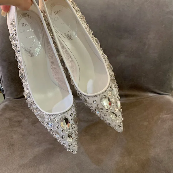 Sparkly Charming White Lace Rhinestone Wedding Shoes 2021 Tulle 7 cm Stiletto Heels Pointed Toe Wedding Pumps