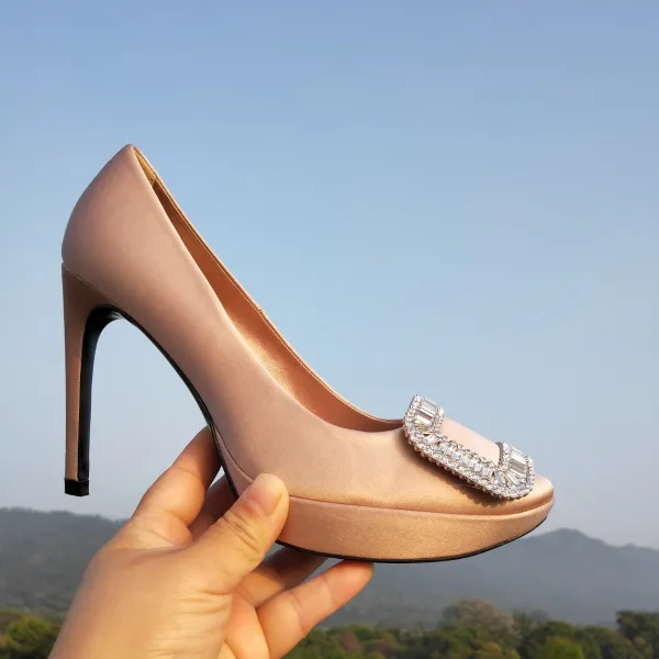 Edles Schwarz Strass Schnalle Ball Pumps 2021 Satin Wasserdichte 12 cm Stilettos Spitzschuh Pumps