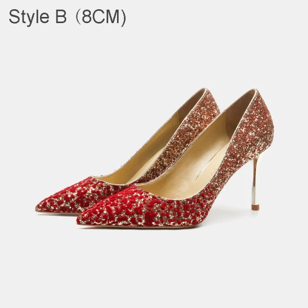 Glitzernden Charmant Gold Rot Pailletten Brautschuhe 2021 Leder 10 cm Stilettos Spitzschuh Hochzeit Pumps