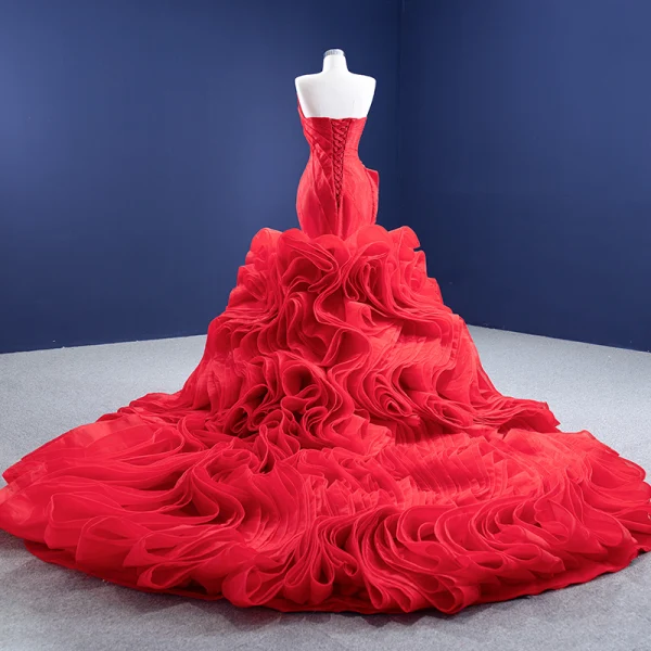Sexy High-end Red Wedding Dresses 2021 Trumpet / Mermaid Strapless Sleeveless Backless Cascading Ruffles Royal Train Wedding