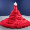 Sexy Haut de Gamme Rouge Robe De Mariée 2021 Trompette / Sirène Bustier Sans Manches Dos Nu Volants en Cascade Royal Train Mariage