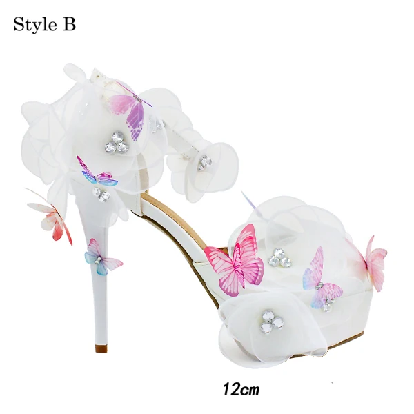 Chic / Beautiful White Summer Wedding Shoes 2018 Leather Butterfly Flower Rhinestone Ankle Strap 14 cm Stiletto Heels Open / Peep Toe Wedding High Heels