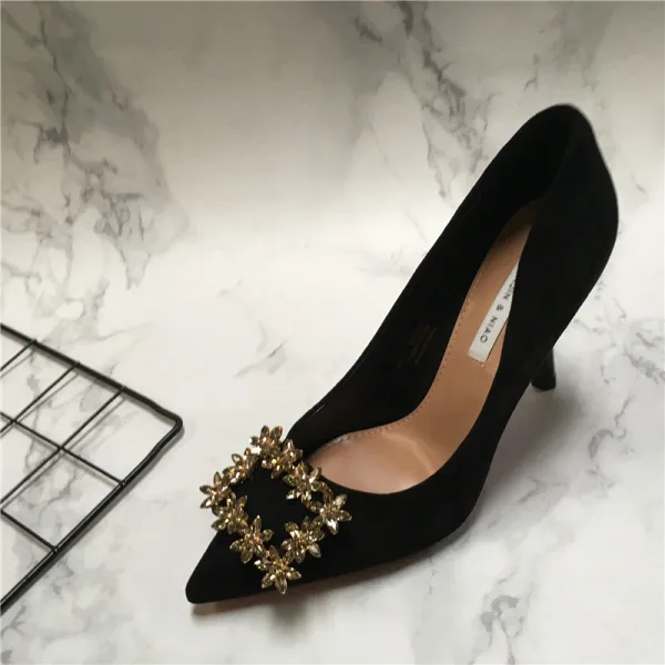 Charmant Wildleder Schwarz Abend Strass Pumps 2021 8 cm Stilettos Spitzschuh Pumps
