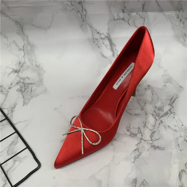 Elegante Schwarz Ball Strass Schleife Pumps 2021 8 cm Stilettos Spitzschuh Pumps