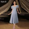 Vintage / Retro Modest / Simple Sky Blue Satin Evening Dresses  Prom Dresses 2021 A-Line / Princess Pearl Square Neckline Short Sleeve Backless Floor-Length / Long Formal Dresses