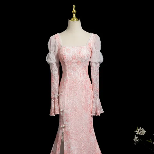 Chic / Beautiful Blushing Pink Beading Lace Flower Split Front Prom Dresses 2025 Trumpet / Mermaid Square Neckline Long Sleeve Backless Sweep Train Formal Dresses