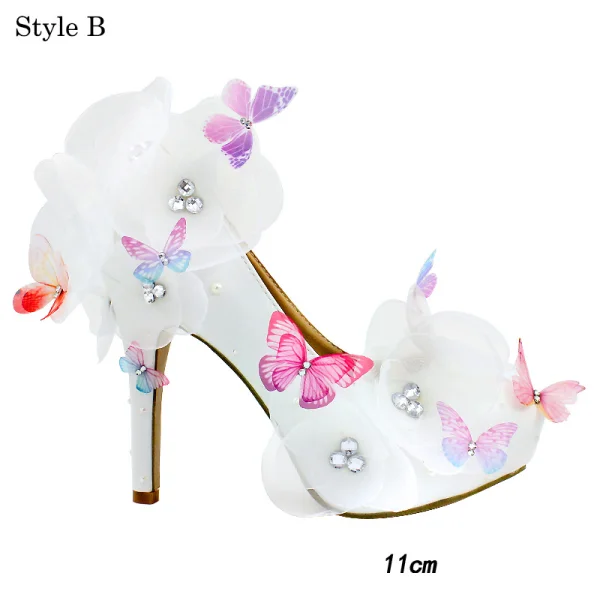 Chic / Beautiful White Wedding Shoes 2018 Leather Butterfly Flower Rhinestone 14 cm Stiletto Heels Pointed Toe Wedding Pumps