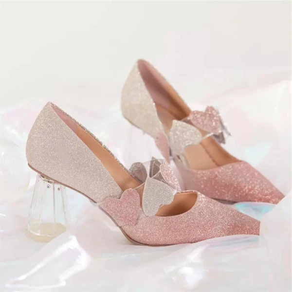 Schön Rosa Farbverlauf Kristall Brautschuhe 2021 Leder Herzförmig Pailletten 7 cm Thick Heels Spitzschuh Hochzeit Pumps