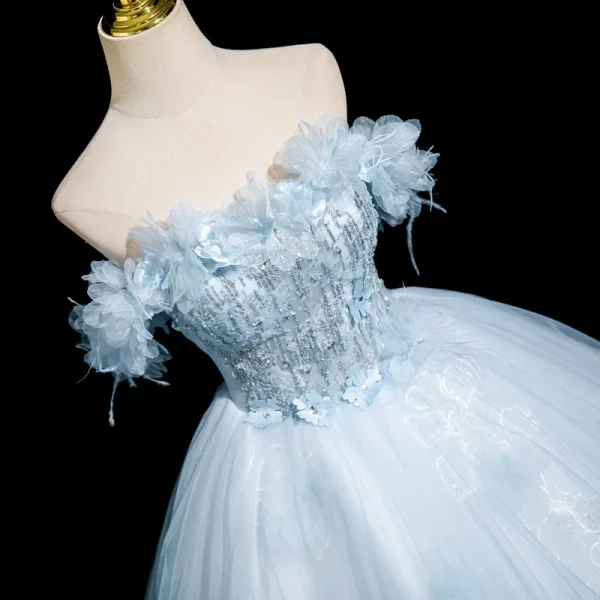 Chic / Beautiful Sky Blue Beading Sequins Appliques Prom Dresses 2025 Ball Gown Off-The-Shoulder Short Sleeve Backless Floor-Length / Long Formal Dresses