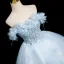 Chic / Beautiful Sky Blue Beading Sequins Appliques Prom Dresses 2025 Ball Gown Off-The-Shoulder Short Sleeve Backless Floor-Length / Long Formal Dresses