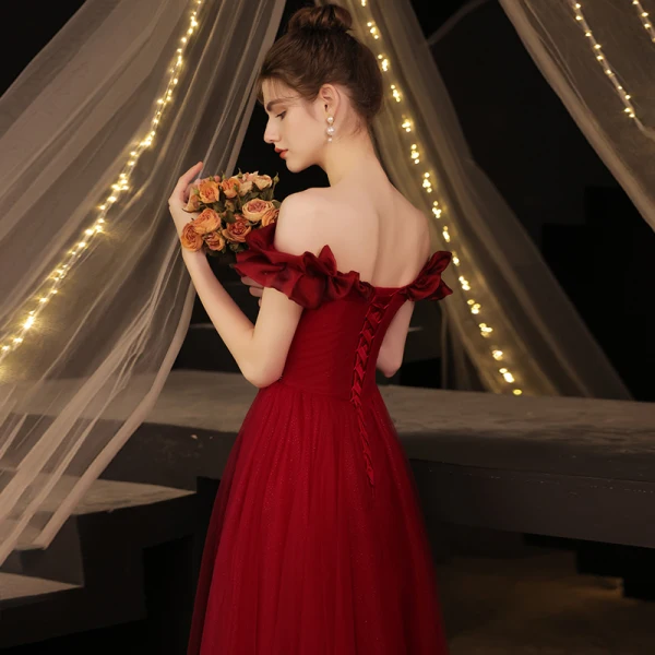 Chic / Beautiful Burgundy Prom Dresses 2021 A-Line / Princess Off-The-Shoulder Beading Rhinestone Sequins Short Sleeve Backless Floor-Length / Long Formal Dresses