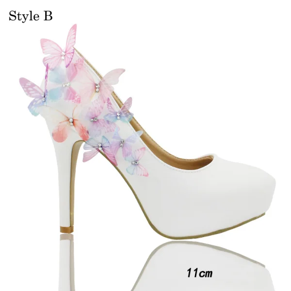 Chic / Beautiful White Wedding Shoes 2018 Leather Butterfly Rhinestone 14 cm Stiletto Heels Round Toe Wedding Pumps