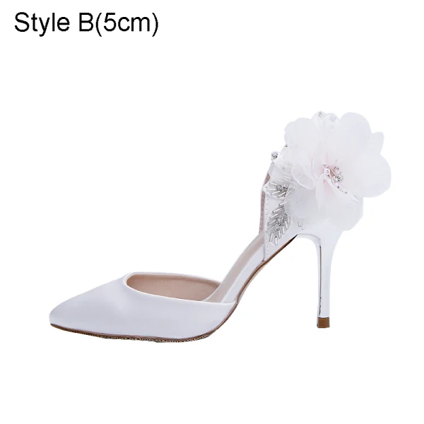 Modern / Fashion White Flower Rhinestone Wedding Shoes 2021 Satin 9 cm Stiletto Heels Pointed Toe Wedding Heels