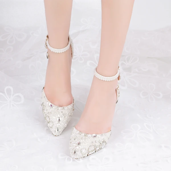 Charmant Ivory / Creme Perle Strass Brautschuhe 2021 Knöchelriemen 8 cm Stilettos Spitzschuh Hochzeit High Heels