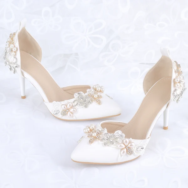 Charmant Schöne Ivory / Creme Perle Strass Brautschuhe 2021 Knöchelriemen 8 cm Stilettos Spitzschuh Hochzeit High Heels