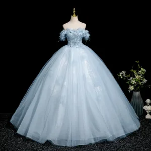 Chic Belle Bleu Ciel Perlage Paillettes Appliques Robe De Bal 2025 Robe Boule De L Épaule Manches Courtes Dos Nu Longue Robe De Ceremonie