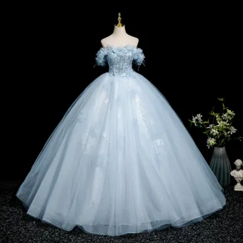 Chic Belle Bleu Ciel Perlage Paillettes Appliques Robe De Bal 2025 Robe Boule De L Épaule Manches Courtes Dos Nu Longue Robe De Ceremonie