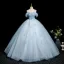 Chic / Beautiful Sky Blue Beading Sequins Appliques Prom Dresses 2025 Ball Gown Off-The-Shoulder Short Sleeve Backless Floor-Length / Long Formal Dresses